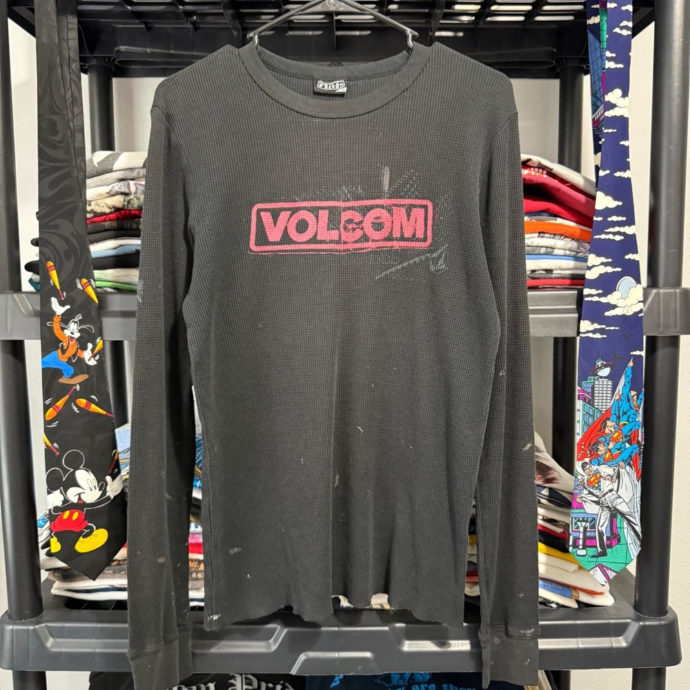 Y2K Black Volcom Graphic Thermal Long Sleeve Shirt Medium Light Marks